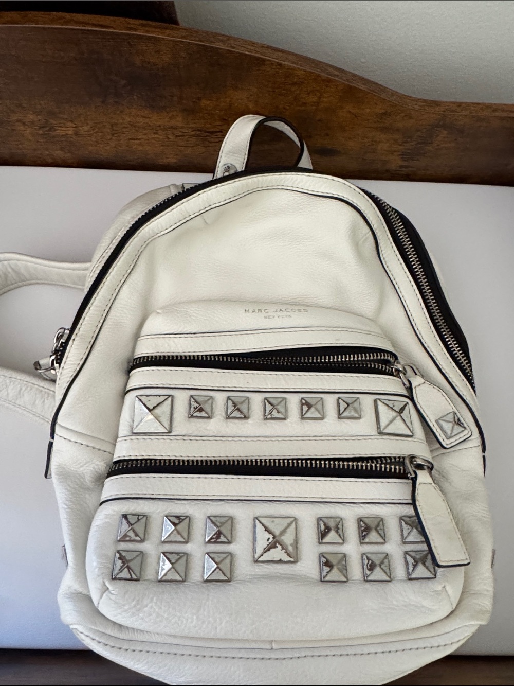 Marc Jacobs White Leather Studded Mini Backpack with Silver Hardware